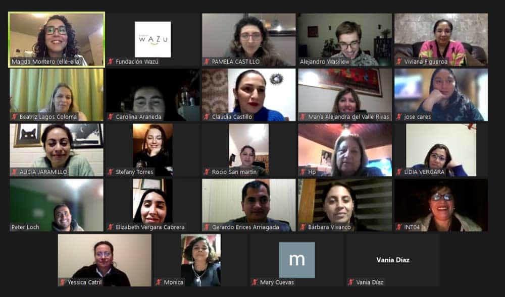 Pantallazo de una reunión por zoom donde aparecen varias personas conectadas y sonriendo a la cámara.