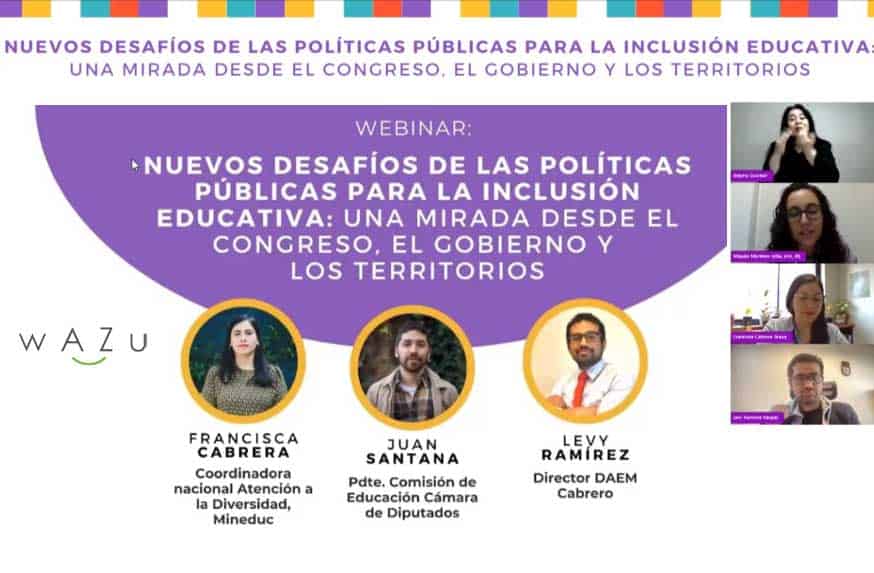 Afiche con un titular grande que dice: webinar: Nuevos desafíos de las políticas públicas para la inclusión educativa: Una mirada desde el Congreso, el Gobierno y los territorios. Invitados Francisca Cabrera, Juan Santana, Levy Ramírez. 20 de octubre, 18 horas, vía zoom.