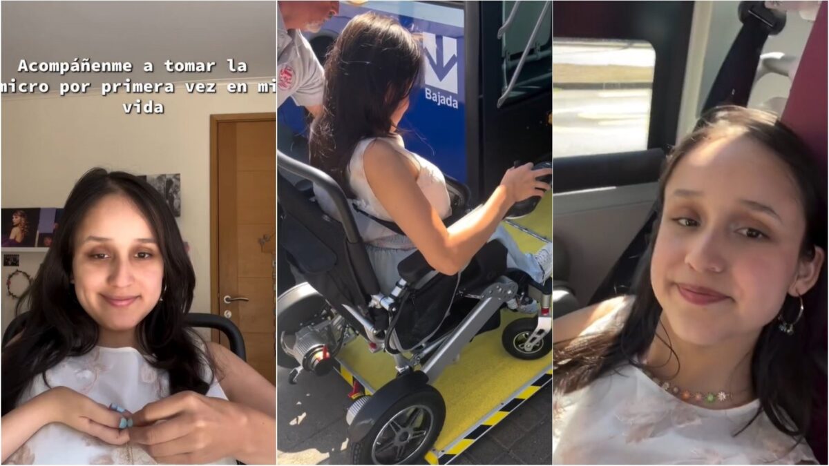 Fotos de una joven en silla de ruedas subiendo a un bus por una rampa que tiene en una de sus puertas.