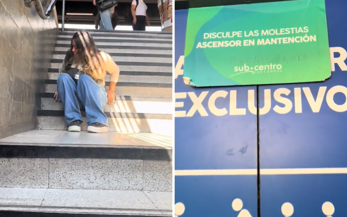 Foto donde aparece una joven arrastrandose por las escaleras de metro de santiago y al lado hay otra foto de un cartel que avisa que el ascensor está cerrado