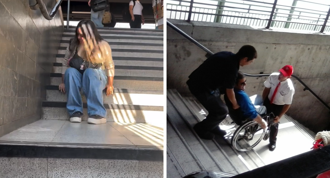 Joven en silla de ruedas se arrastrar por escaleras del metro