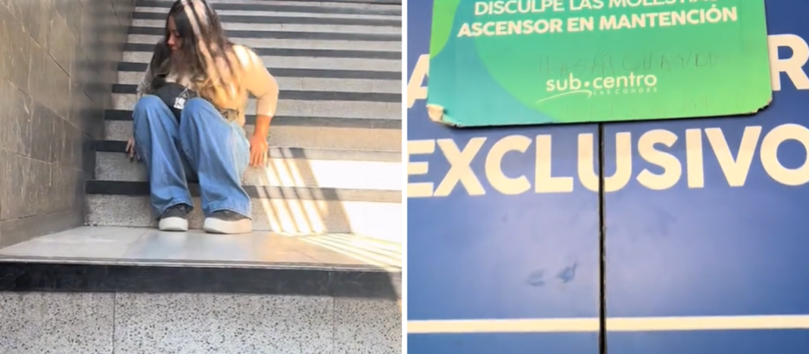 Foto donde aparece una joven arrastrandose por las escaleras de metro de santiago y al lado hay otra foto de un cartel que avisa que el ascensor está cerrado