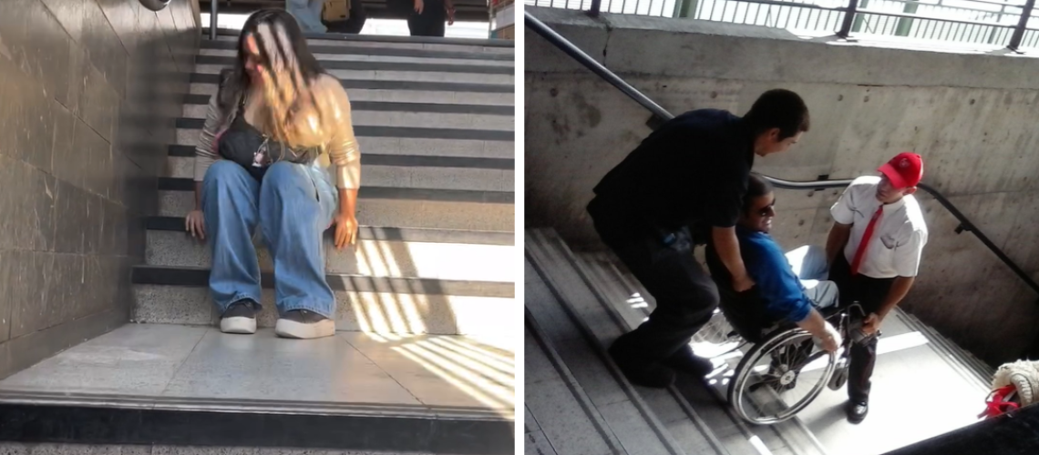 Joven en silla de ruedas se arrastrar por escaleras del metro
