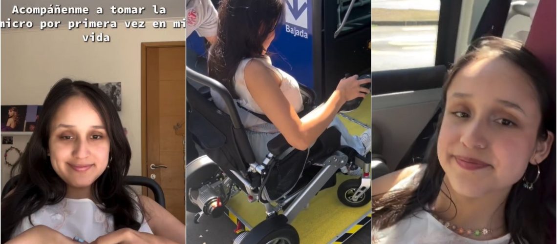 Fotos de una joven en silla de ruedas subiendo a un bus por una rampa que tiene en una de sus puertas.