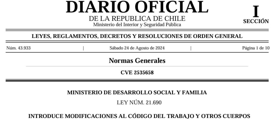 Portada del diario oficial que dice: MINISTERIO DE DESARROLLO SOCIAL Y FAMILIA LEY NÚM. 21.690 INTRODUCE MODIFICACIONES AL CÓDIGO DEL TRABAJO Y OTROS CUERPOS LEGALES EN MATERIA DE INCLUSIÓN LABORAL DE PERSONAS CON DISCAPACIDAD Y ASIGNATARIAS DE PENSIÓN DE INVALIDEZ