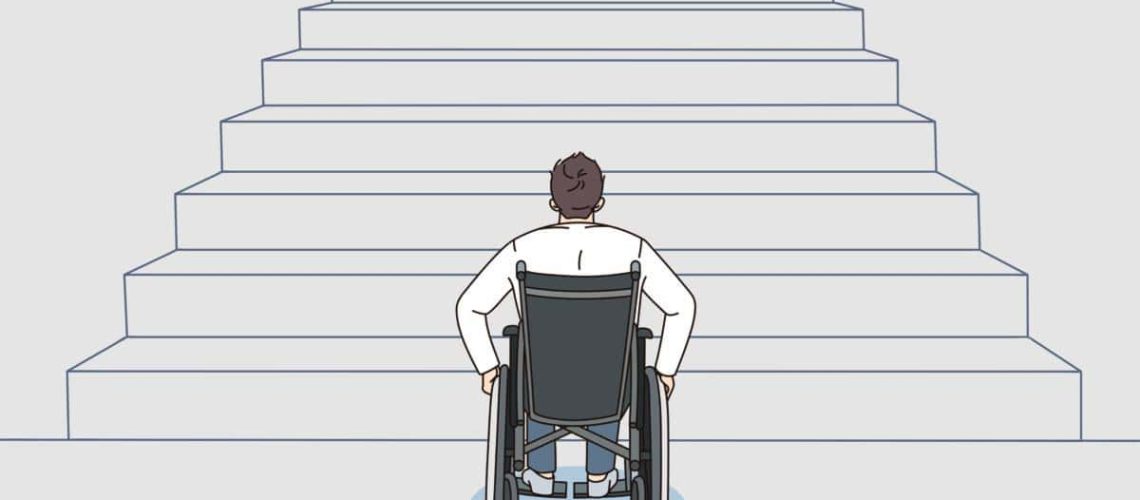 Dibujo donde aparece una persona en silla de ruedas frente a una escalera grande a la cual no puede acceder.