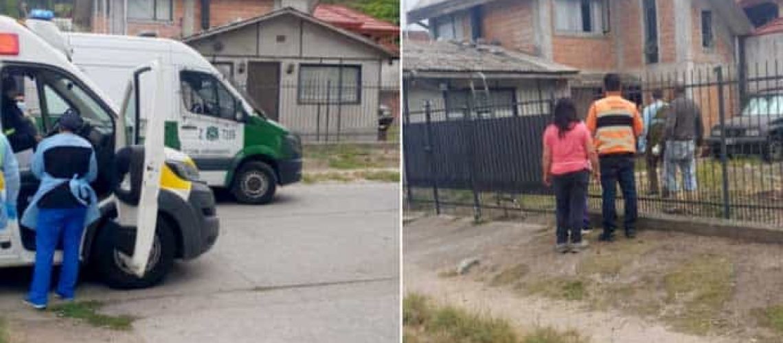 Dos fotos juntas. La primera aparece una ambulancia y un furgón de carabineros afuera de una casa. Y en la otra aparecen personas entrando a una casa.