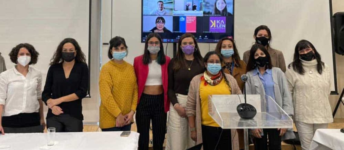 Foto de un grupo de aproximadamente 10 mujeres sonriendo y mirando a la cámara. Están en una sala de reuniones del ministerio de la mujer.