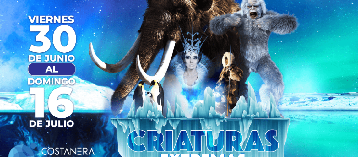 Afiche con la imagen de diversas criaturas de la era del hielo como un mamut, el yeti, pinguinos, hadas, y abajo dice "Criaturas extremas"