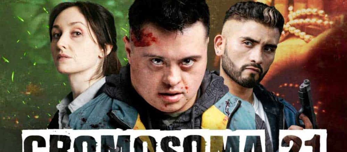 Afiche de la serie Cromosoma 21 con la foto de tres protagonistas: al medio aparece un joven con síndrome de down con sangre en su frente, a su lado otro actor con una pistola en la mano, y al otro lado una actriz que representa a una pdi. Abajo dice cromosoma 21 nadie es inocente.