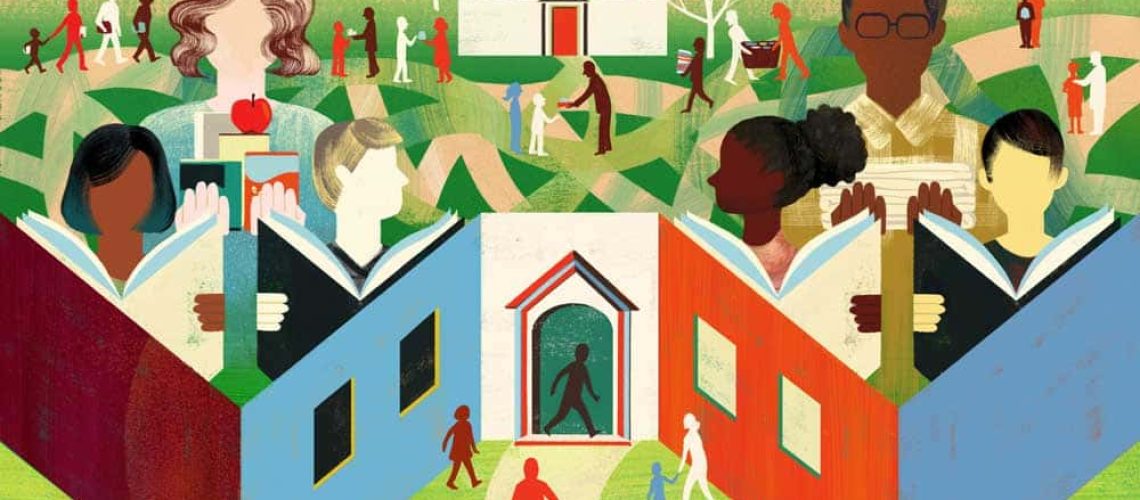 Ilustración donde aparecen diferentes niños y niñas leyendo libros, y alrededor hay gente compartiendo, y haciendose compañía dando a entender una idea de que la escuela puede ser una gran comunidad.