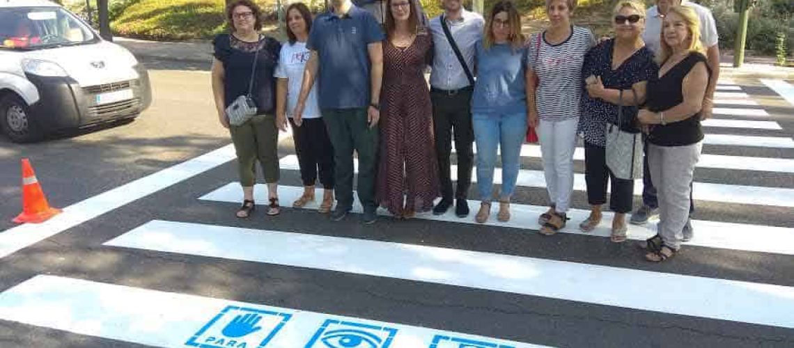 un grupo de personas mirando a la cámara sobre un paso peatonal que en su primera línea tiene cuatro símbolos que indican: "para", "mira", "semáforo".