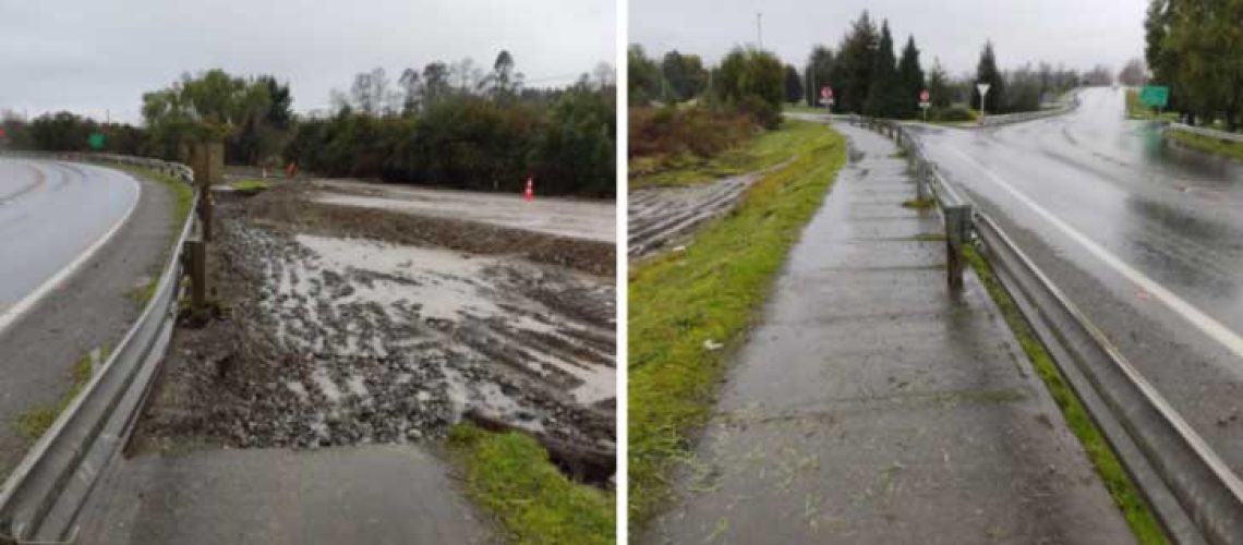 Foto donde hay una vereda que va a un costado de una carretera, pero la vereda está cortada y luego viene un desnivel y abajo solo barro y agua.