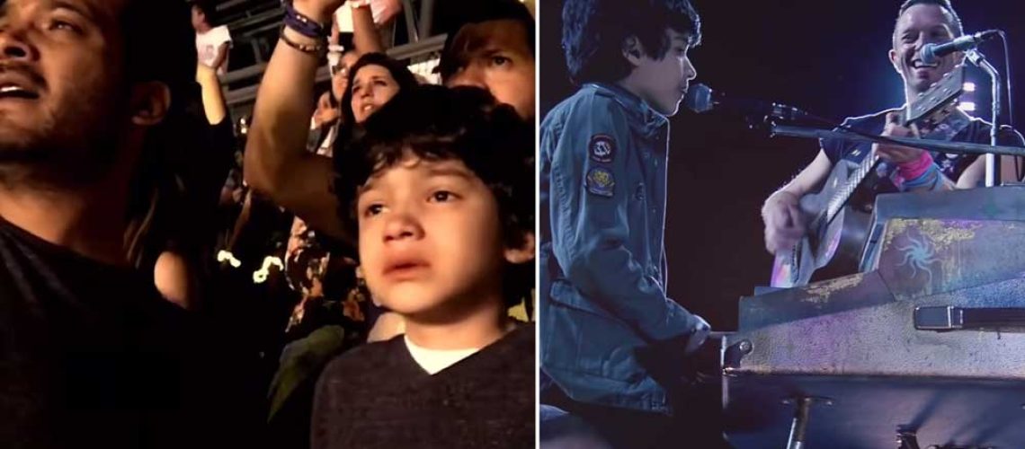 Imagen que se divide en dos. En la primera mitad aparece la foto de un niño autista junto a su padre entre medio del público durante un concierto de Coldplay. Ambos están muy emocionados. En la otra mitad de la imagen, aparece una foto de el mismo niño pero 6 años después tocando piano y cantando sobre el escenario junto a Cris Martin vocalista de Coldplay.